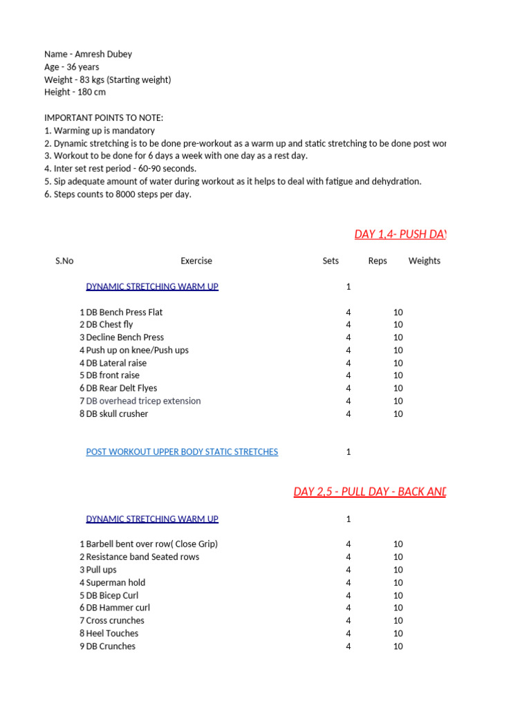 Amresh Dubey's Workout Plan | PDF | Weight Training | Physical Exercise