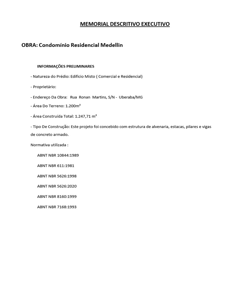 Memorial Descritivo: Condomínio Medellin | PDF | Água | Engenharia Civil