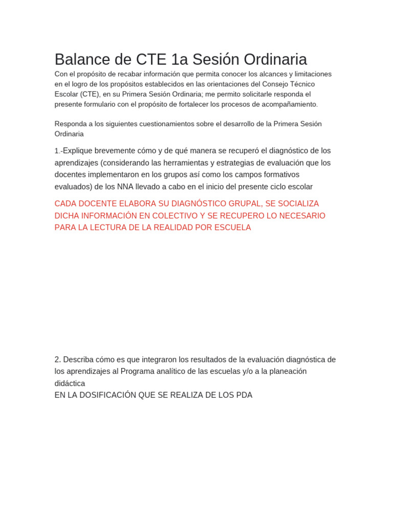 Balance de la Primera Sesión CTE 2024 | PDF | Evaluación | Maestros
