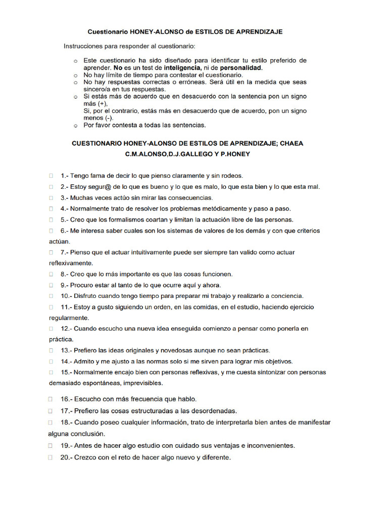 Cuestionario Estilos de Aprendizaje CHAEA | PDF
