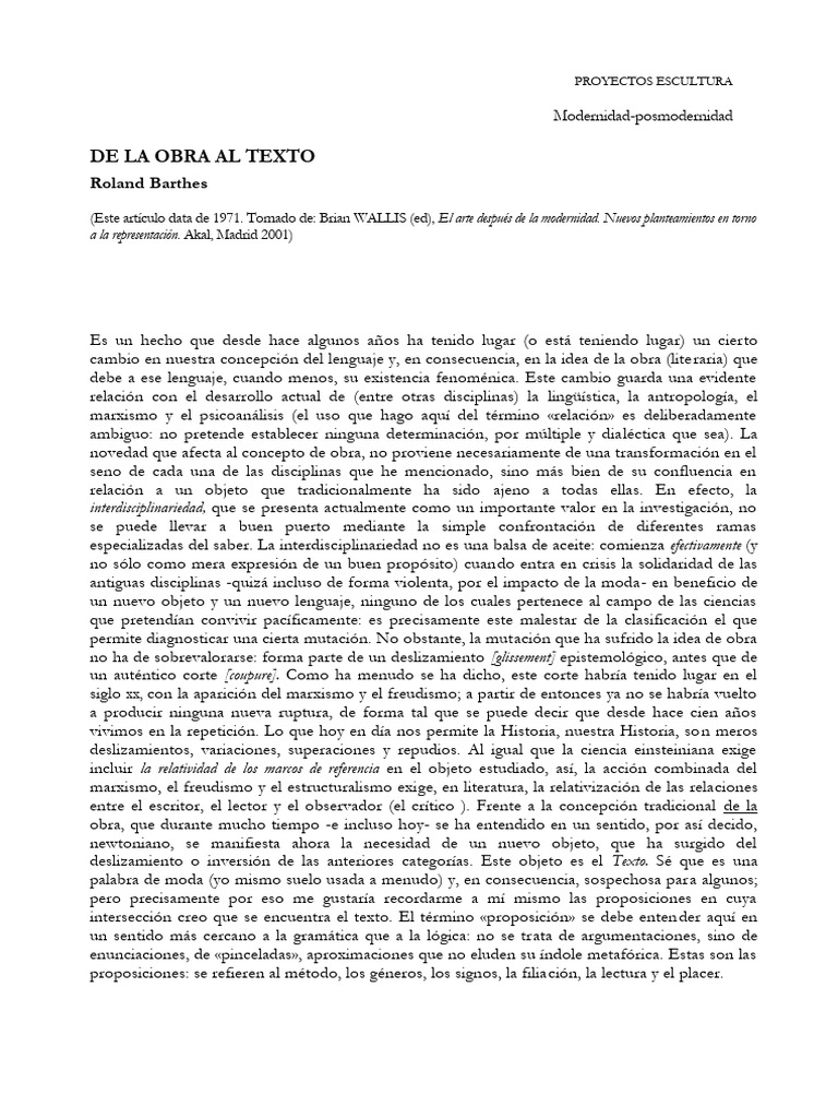 De la obra al texto en Barthes | PDF | Autor | marxismo