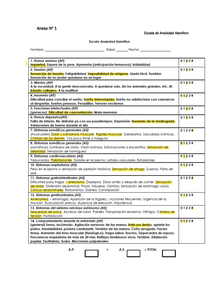 Escala de Ansiedad Hamilton: Evaluación Clínica | PDF | Depresión ...