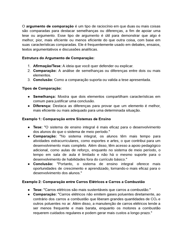Argumento de Comparação: Estrutura e Exemplos | PDF | Carro | Argumento