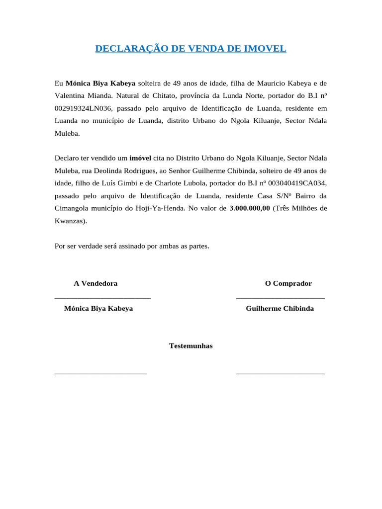 Declaração de Venda de Imóvel em Luanda | PDF