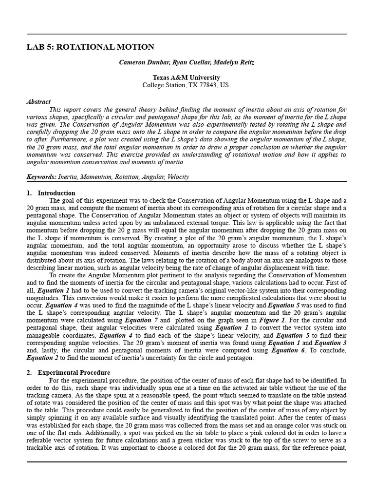 Lab 5: Rotational Motion: Texas A&M University | PDF | Rotation Around ...