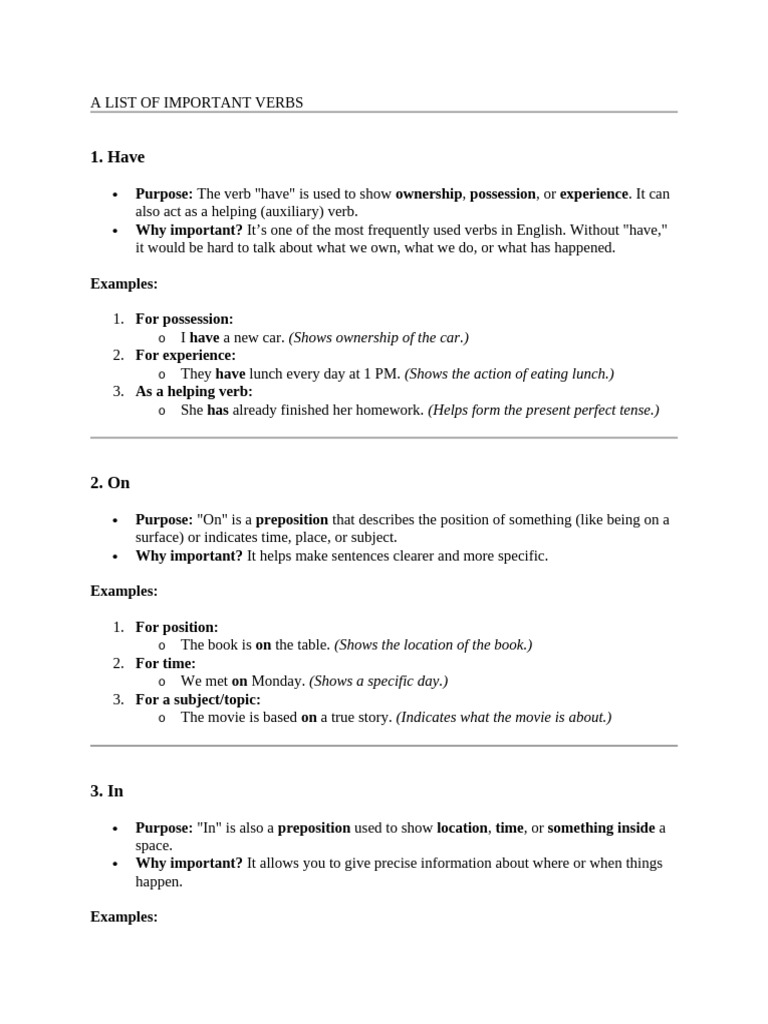 A LIST OF IMPORTANT VERB To Send | PDF | Noun | Subject (Grammar)