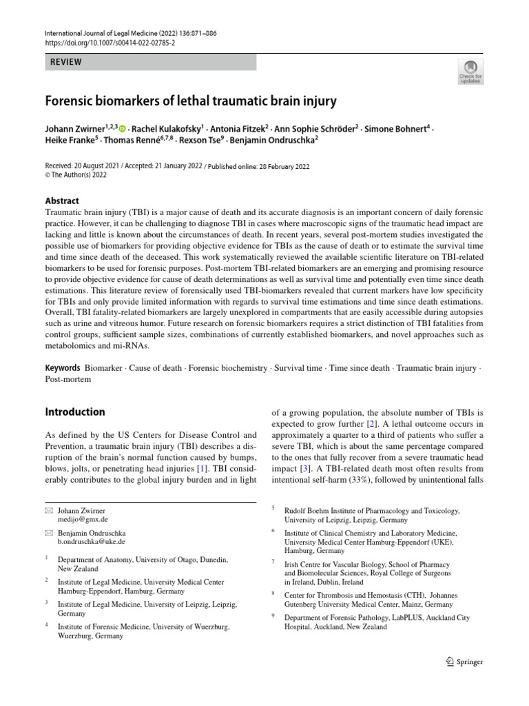 Forensic Biomarkers of Lethal Traumatic Brain Injury | PDF | Biomarker ...