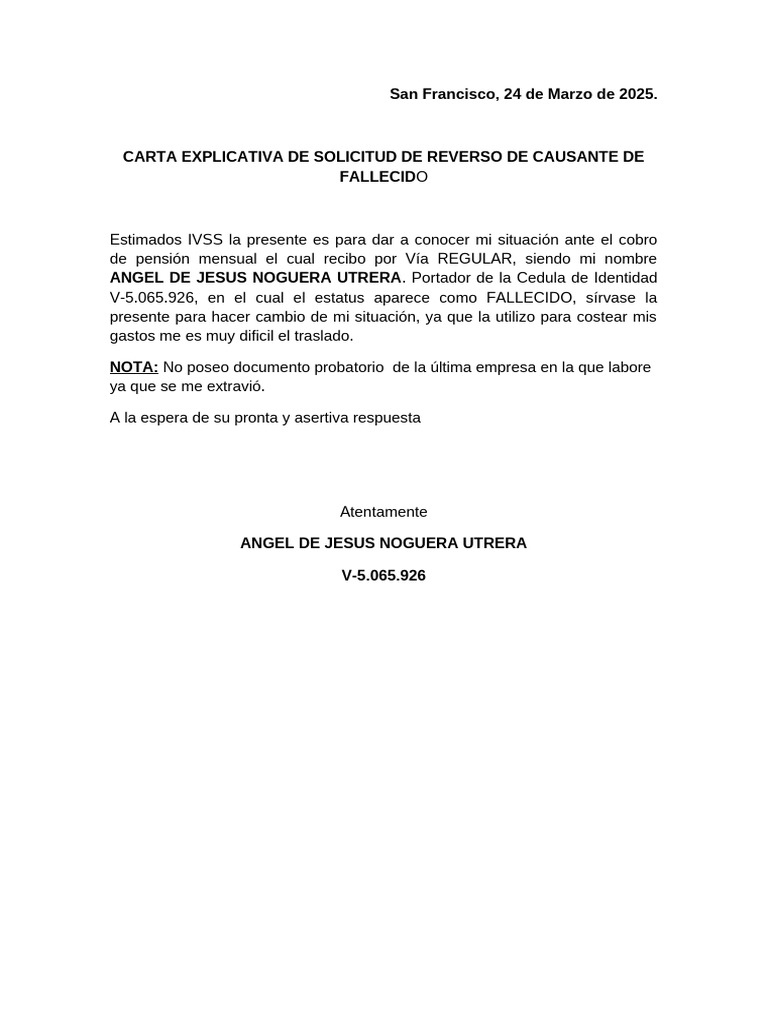 Carta para reverso de causante IVSS | PDF