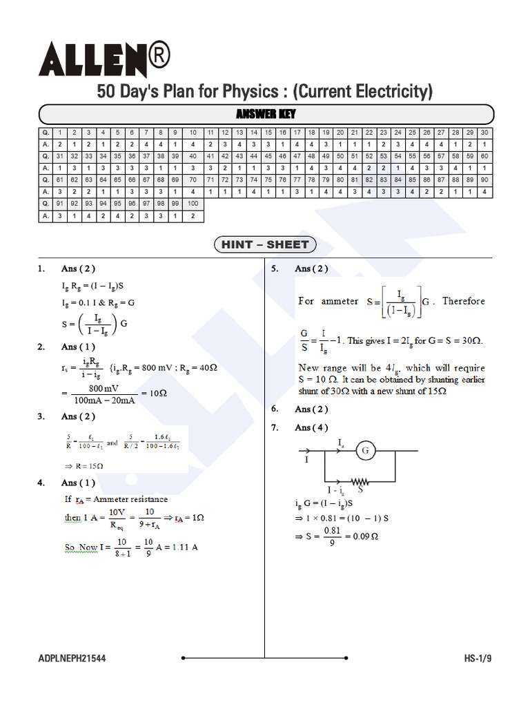 Current Electricity Answer Key | PDF | Voltage | Physical Quantities