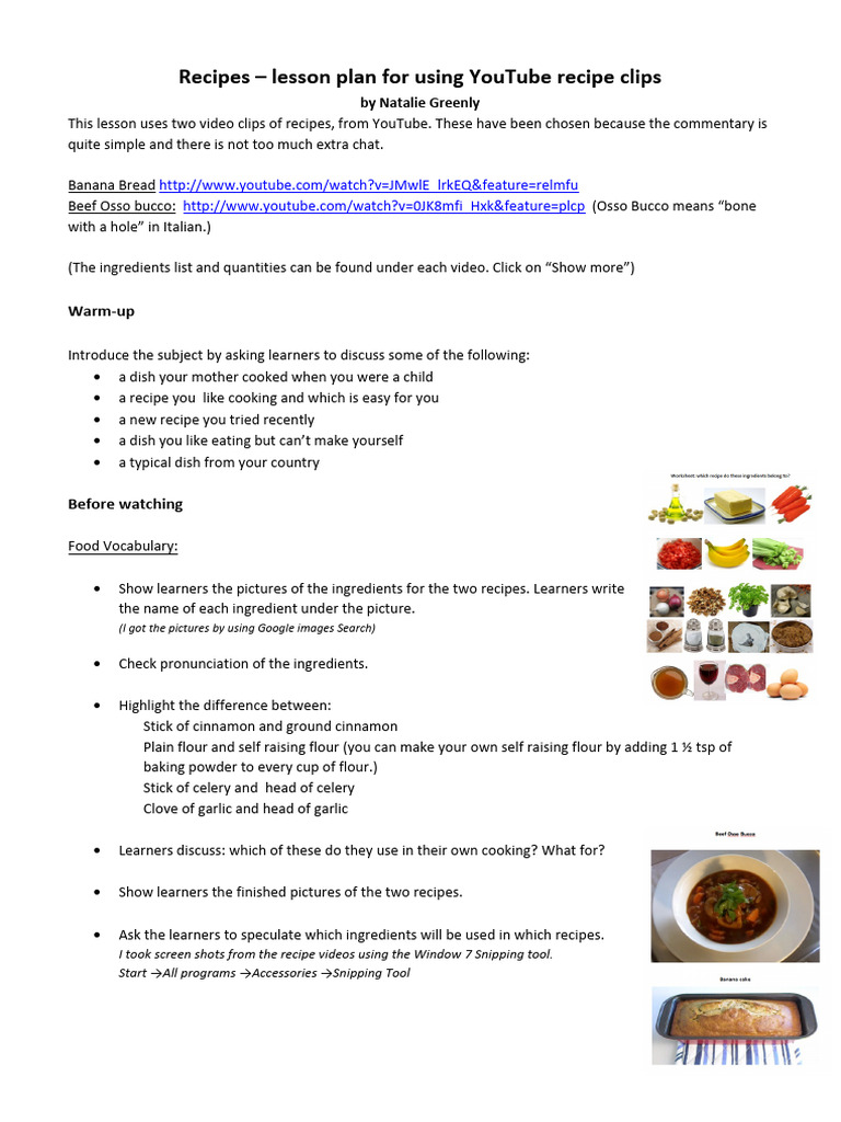 YouTube Recipe Lesson Plan | PDF | Cakes | Parsley