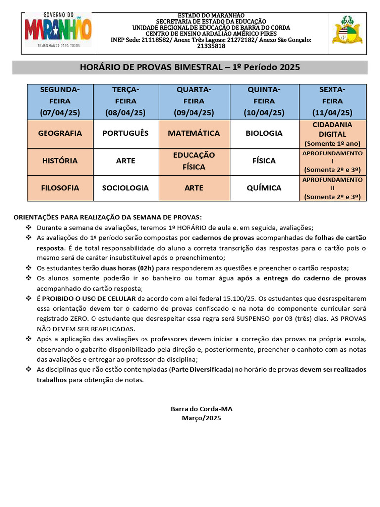 Horário de Provas Bimestral 2025 - MA | PDF