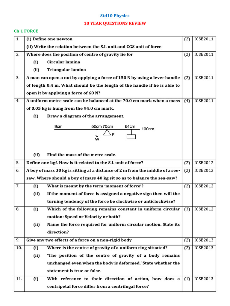Std10 Physics Force Questions Review | PDF | Force | Physical Quantities