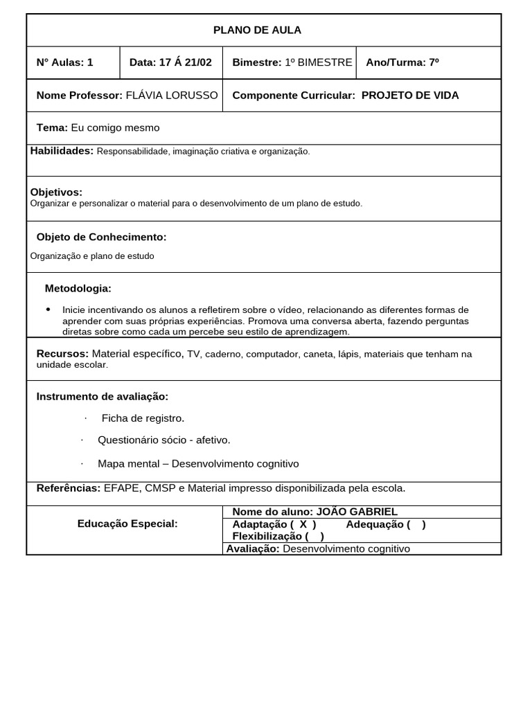 Plano de Aula: Projeto de Vida 7º Ano | PDF