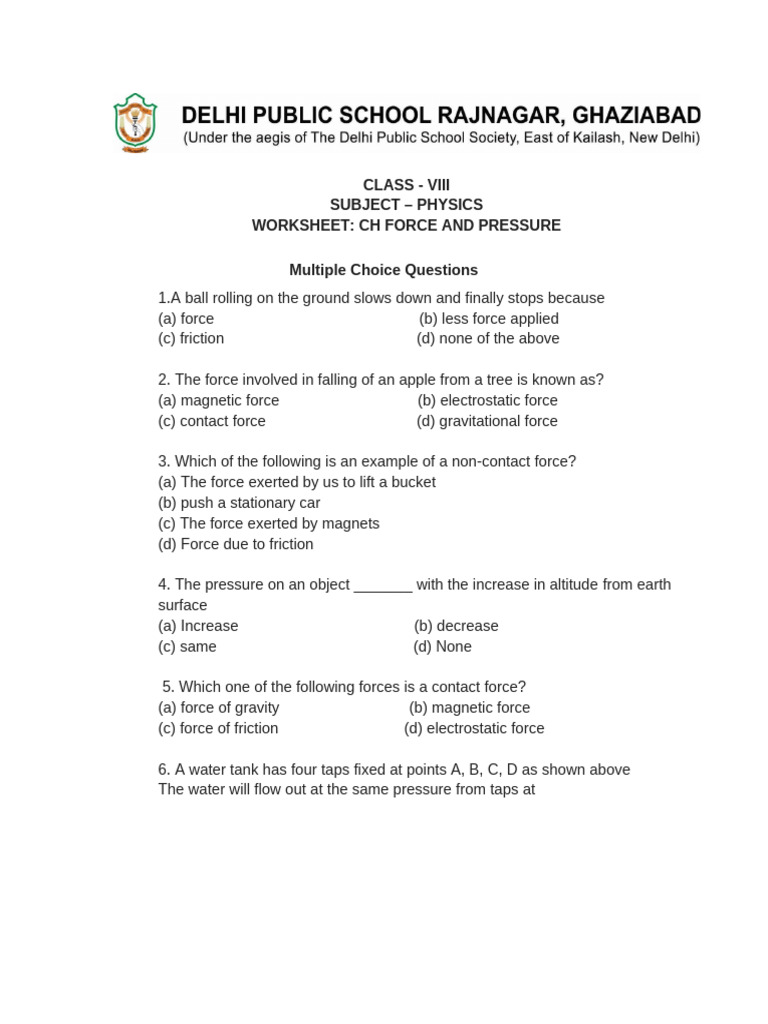 Class 8 Force and Pressure Worksheet | PDF | Force | Friction