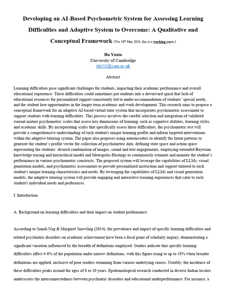 AI Psychometric System for Learning Support | PDF | Learning Disability ...