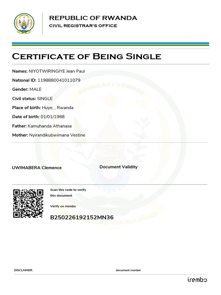 Rwanda Single Status Certificate | PDF