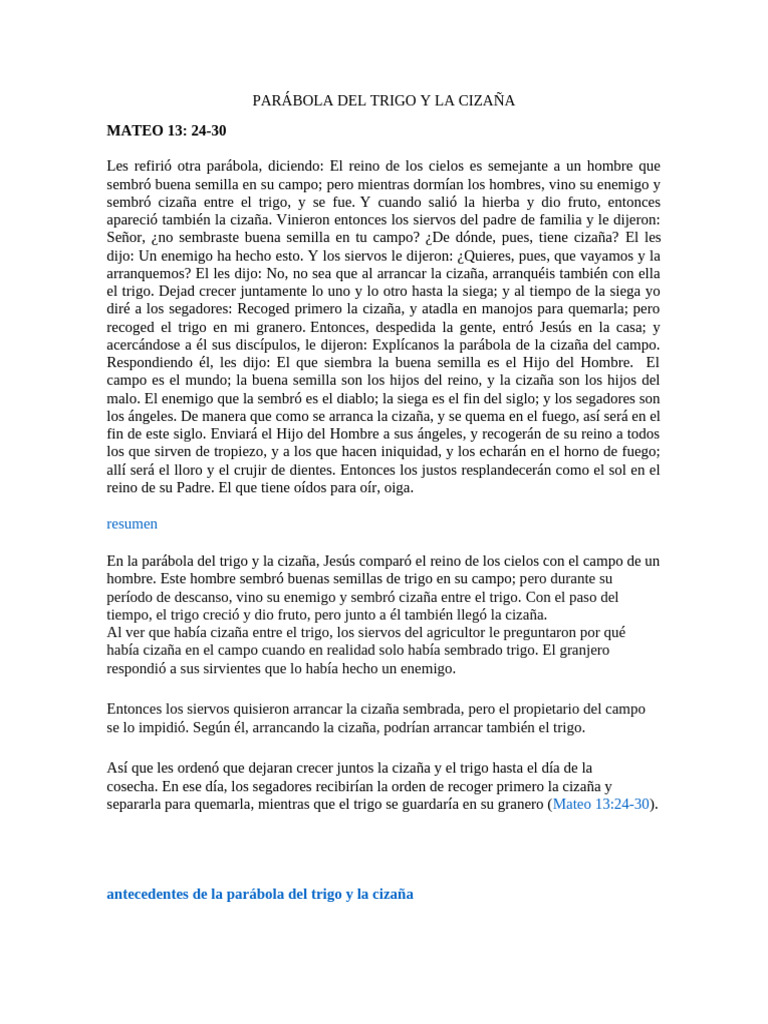 Parábola Del Trigo y La Cizaña | PDF | Parábolas de Jesús | Hierba