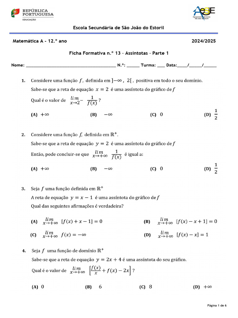 Assíntotas em Matemática A - 12.º ano | PDF
