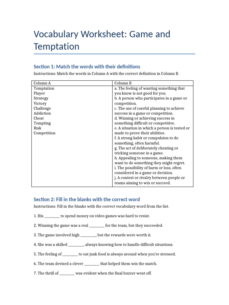 Vocabulary on Temptation and Games | PDF