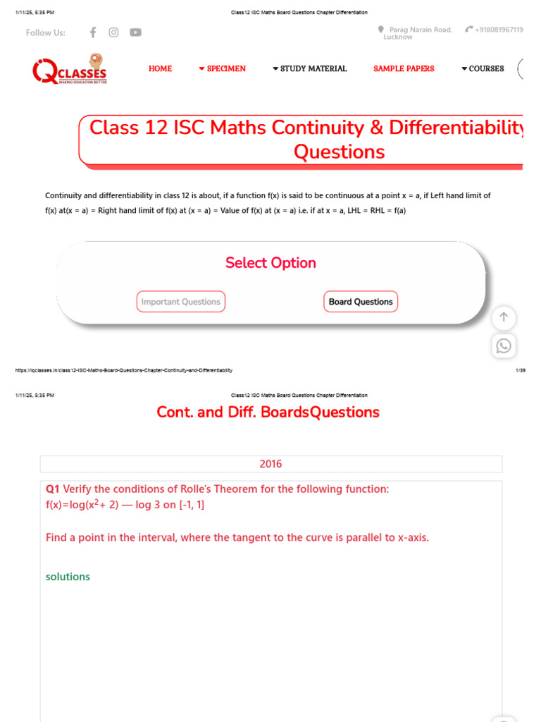 Class12 ISC Maths Board Questions Chapter Differentiation | PDF ...