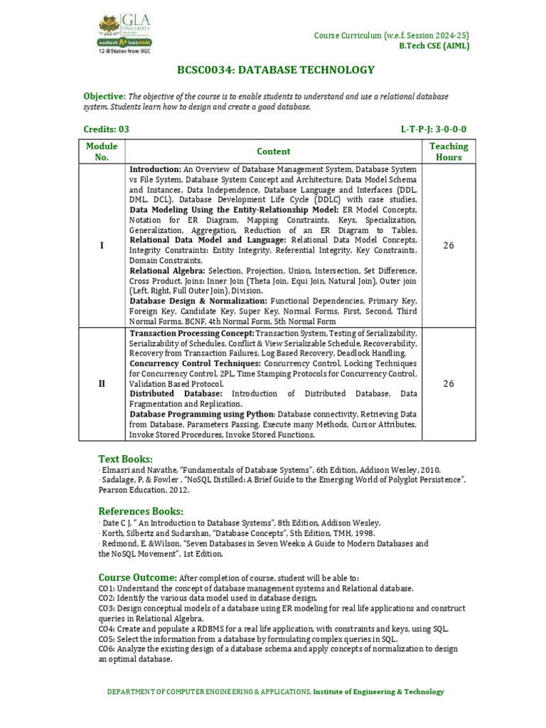 Database Technology Course Curriculum | PDF | Databases | Relational ...