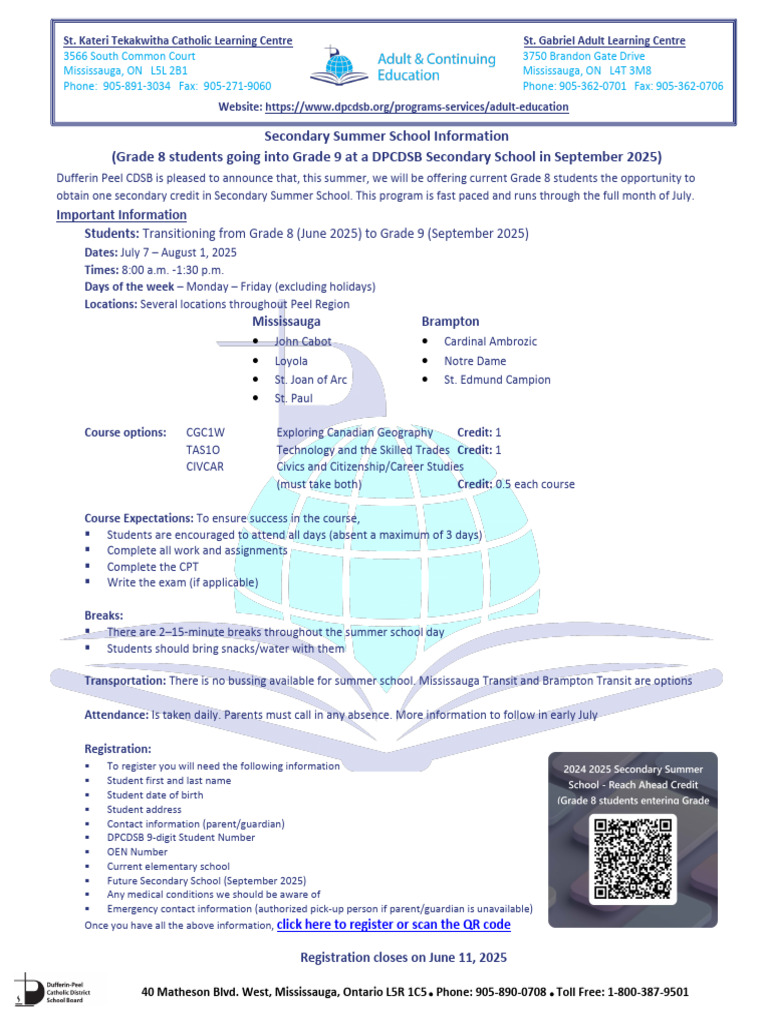 DPCDSB Summer School for Grade 8 Students | PDF
