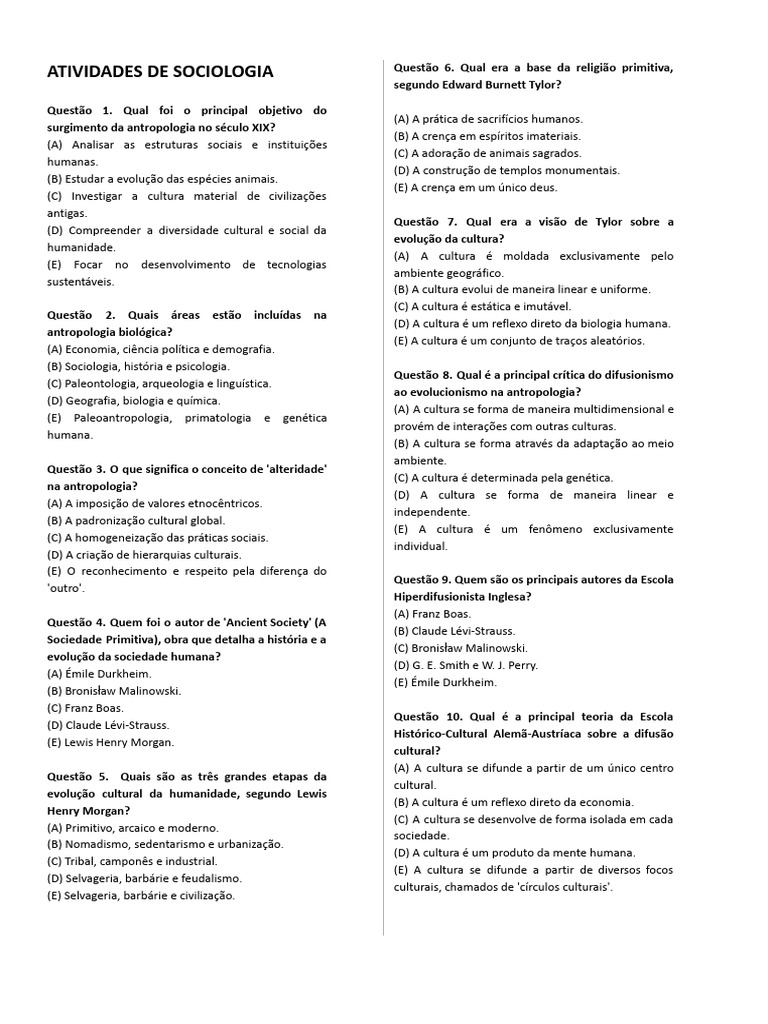Questões sobre Antropologia e Sociologia | PDF | Antropologia | Sociologia