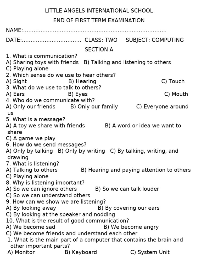 Computing Exam for Class Two Students | PDF | Computer Keyboard ...