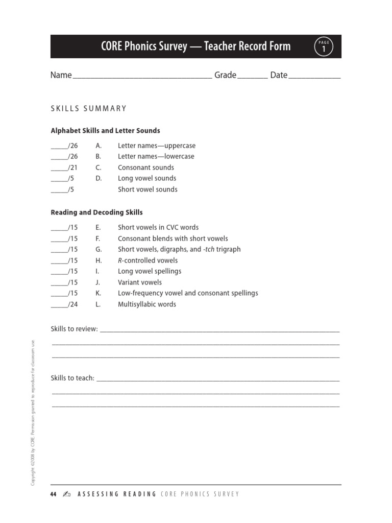CORE MM Phonics Survey TeacherRecord FORM | PDF | Phonics | Human ...
