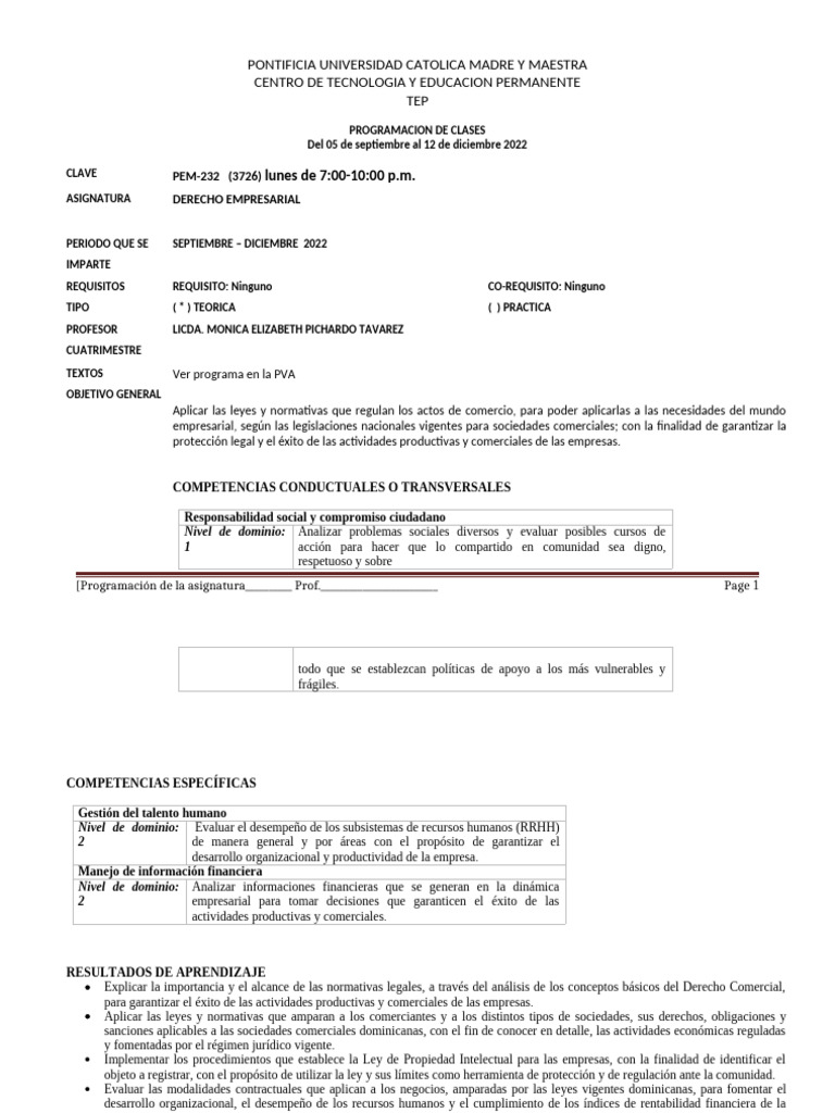 Programación Derecho Empresarial 2022 | PDF | Gestión de recursos ...