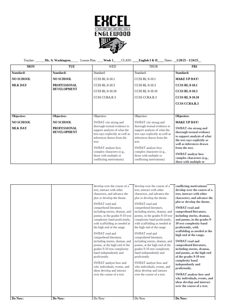 English I & II Week 1 Lesson Plan | PDF | Cognition | Writing