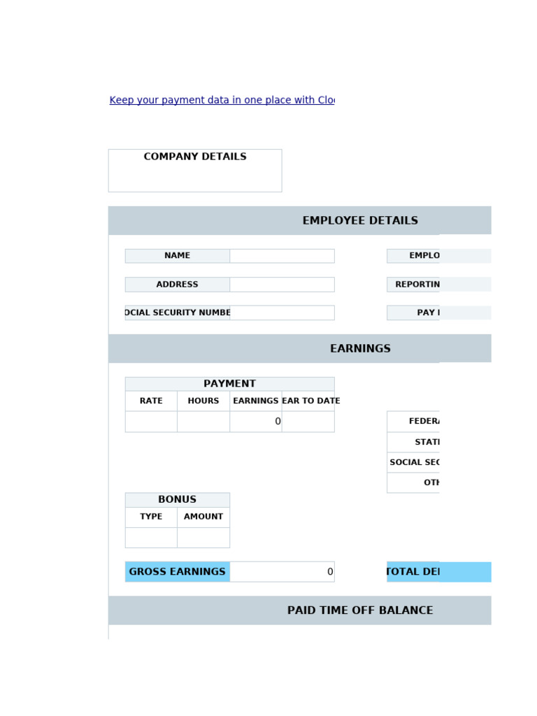 Pay Stub Template With PTO + Calculator (Go to File and Make a Copy to ...