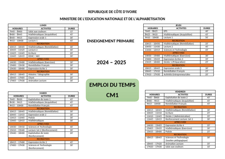 Emploi du temps CM1 2024-2025 | PDF