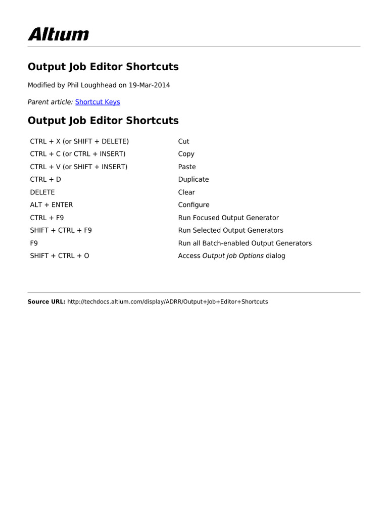 Altium - Output Job Editor Shortcuts - 2014-03-19 | PDF