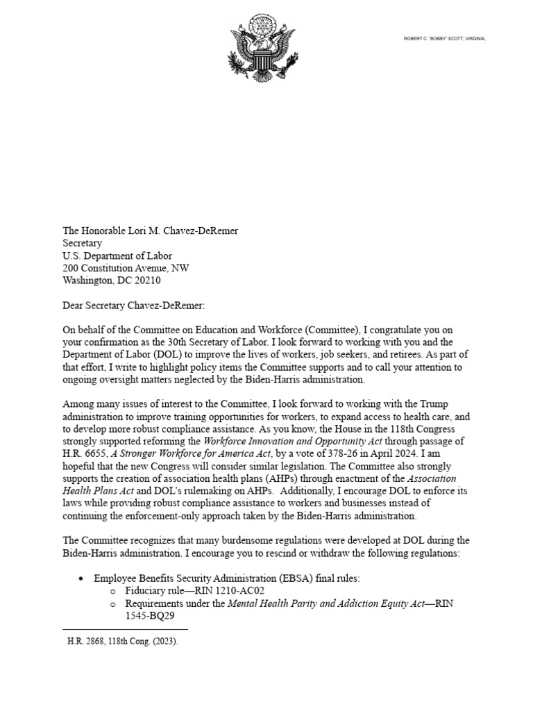 Letter To Secretary of Labor | PDF | Labor