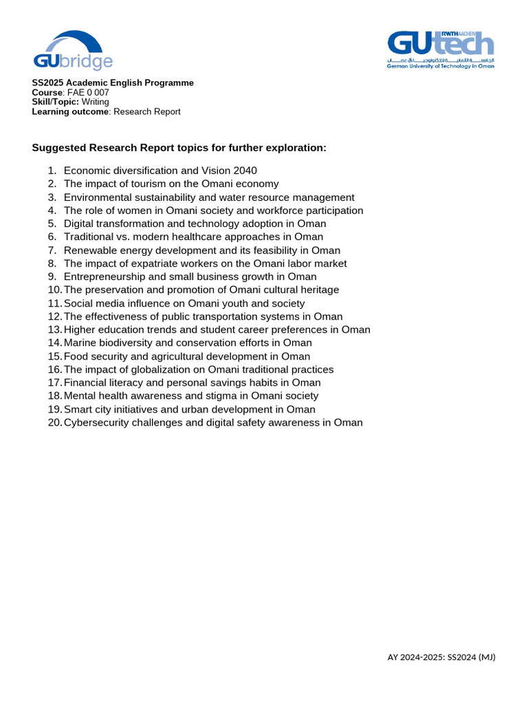 Omani Research Report Topics 2025 | PDF