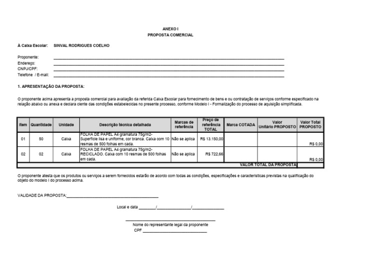 Anexo i Proposta Comercial Papel a4 | PDF