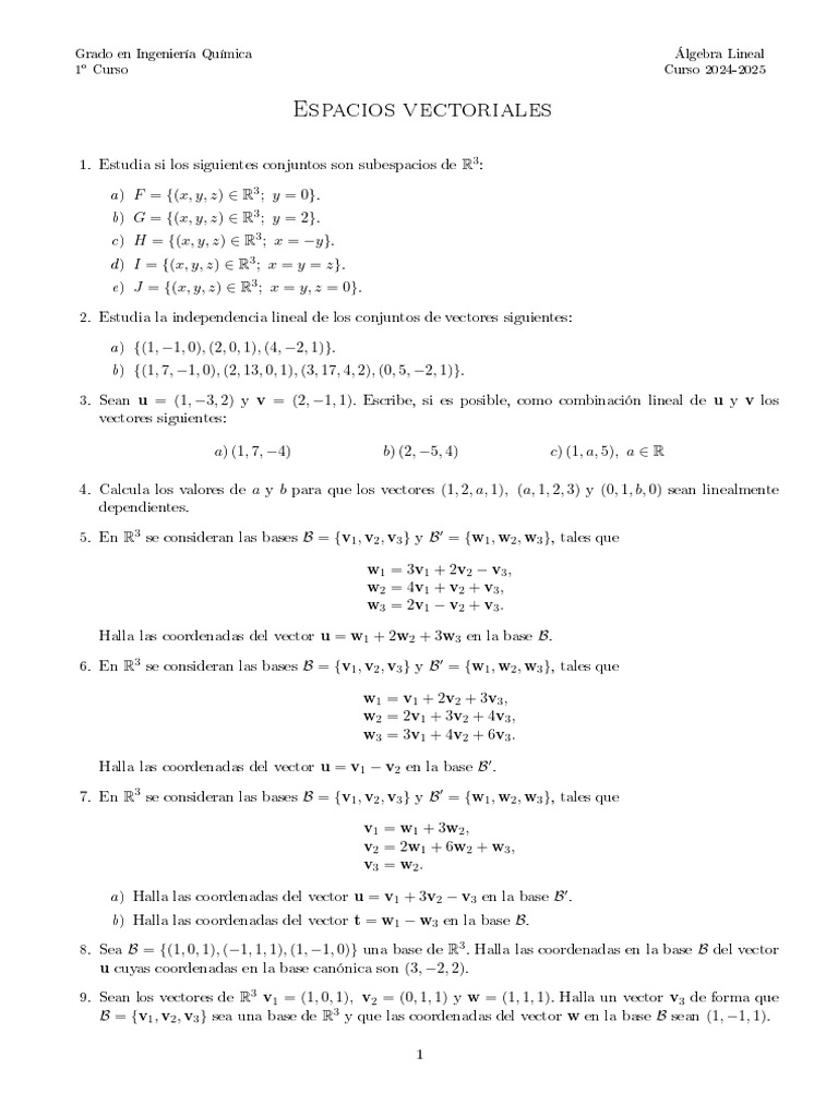 Ejercicios de Álgebra Lineal en R3 | PDF | Espacio vectorial | Base ...