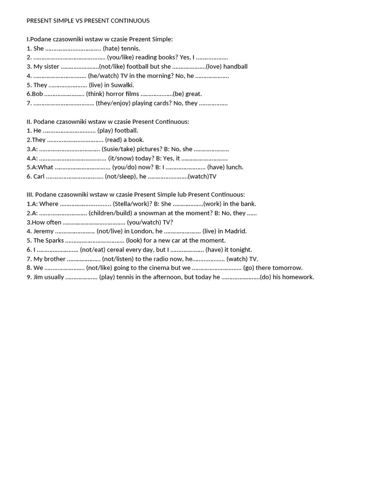 Present Simple vs Continuous Exercises | PDF