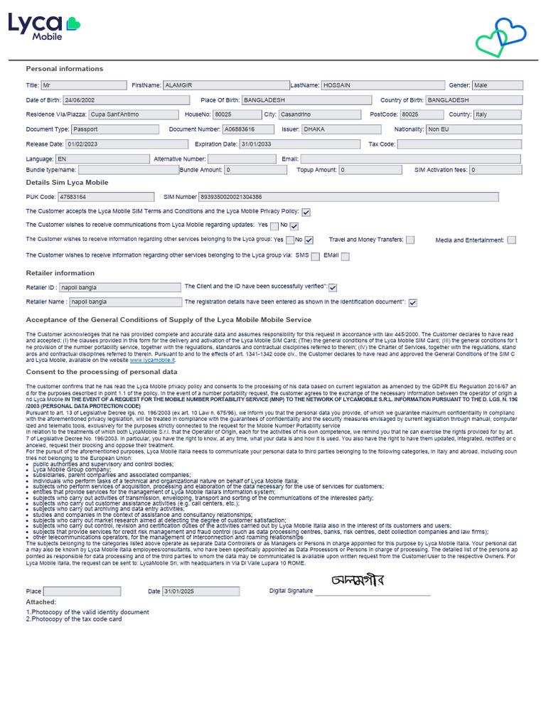 Lyca Mobile SIM Registration Details | PDF | Identity Document | Business