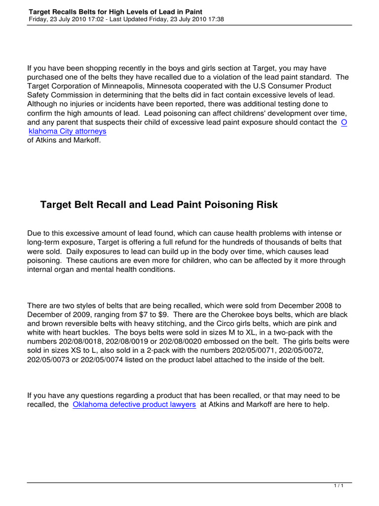Target Recalls Belts For High Levels of Lead in Paint | PDF