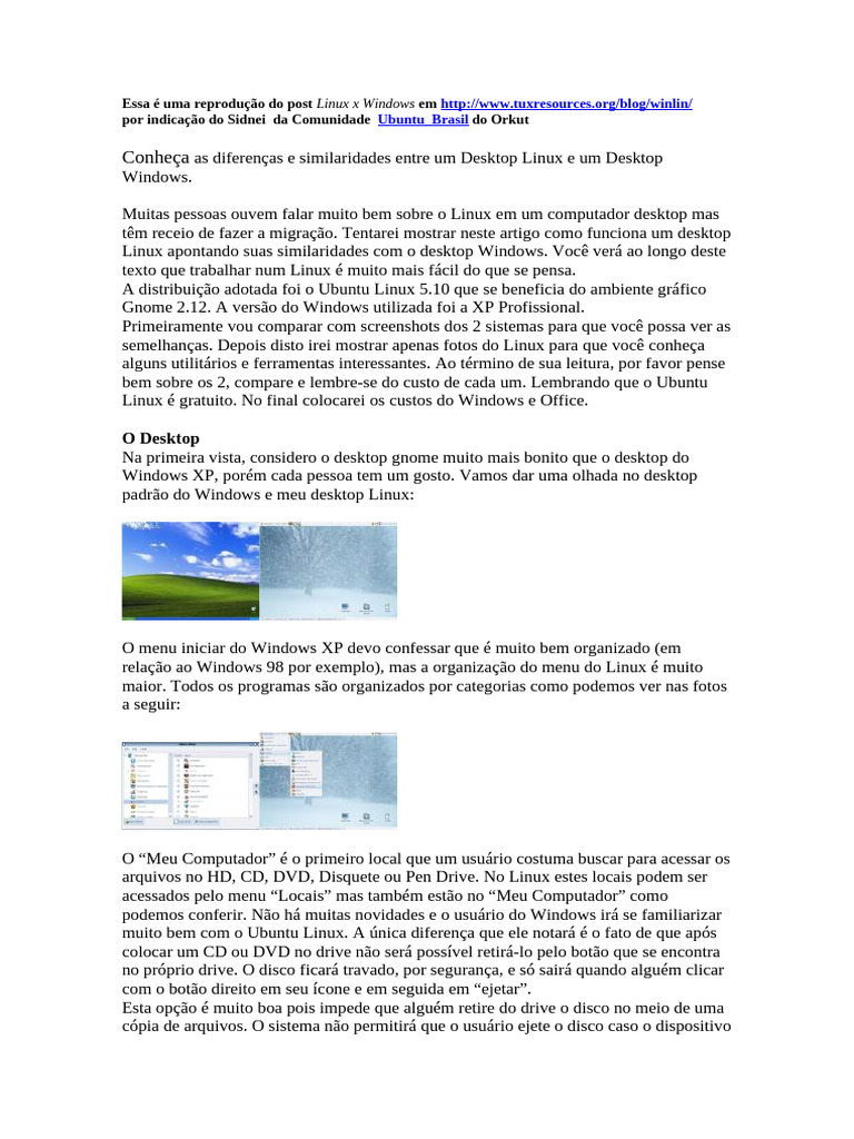 Comparação: Desktop Linux vs Windows | PDF | Linux | Ambiente de desktop