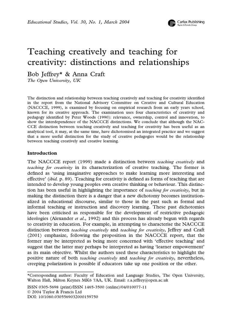 Teaching Creativity in Education: Insights | PDF | Pedagogy | Creativity