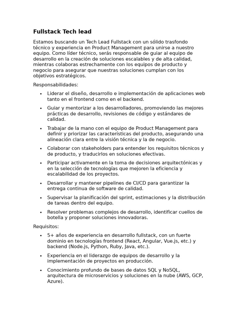 Oferta: Tech Lead Fullstack | PDF | Ciencias de la Computación ...