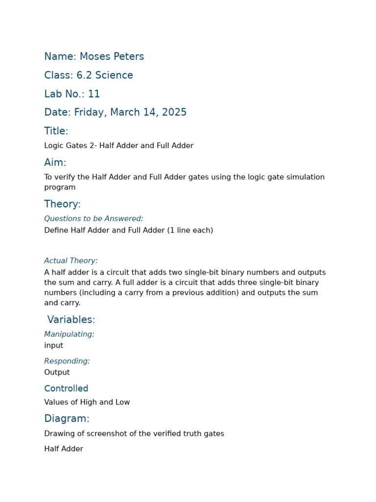 Logic Gates: Half and Full Adder Analysis | PDF | Computer Engineering ...