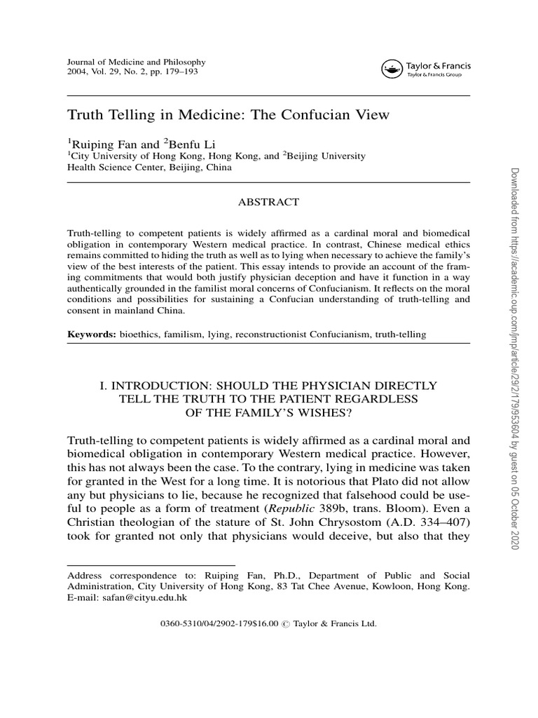 Confucian Ethics of Truth-Telling in Medicine | PDF | Confucianism ...