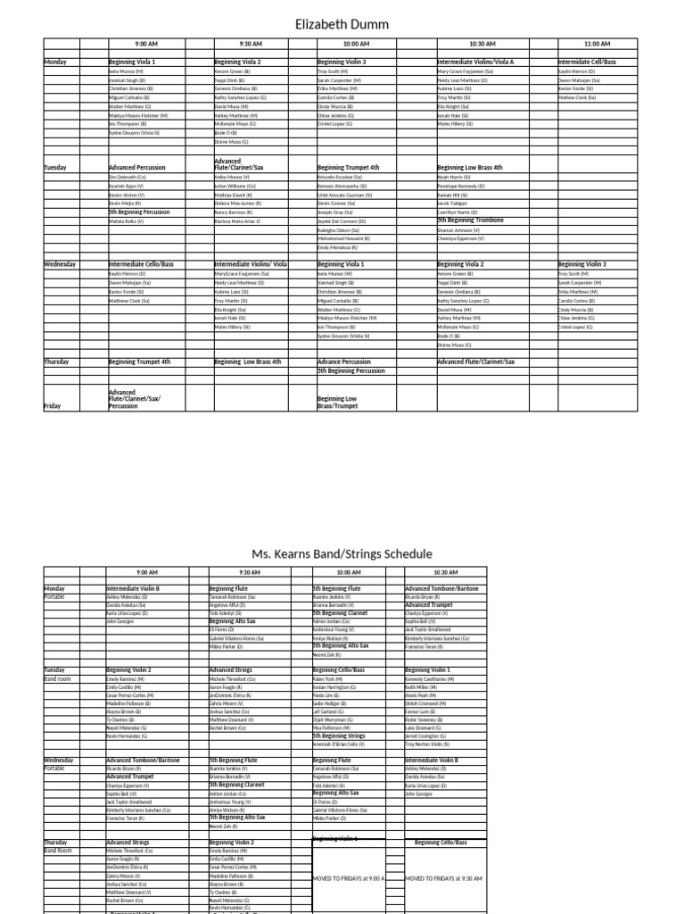 Weekly Music Class Schedule | PDF | Orchestras | String Instruments
