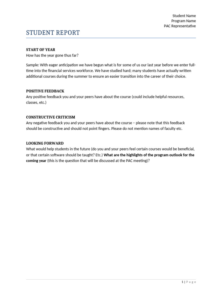Student Yearly Report: Feedback & Outlook | PDF