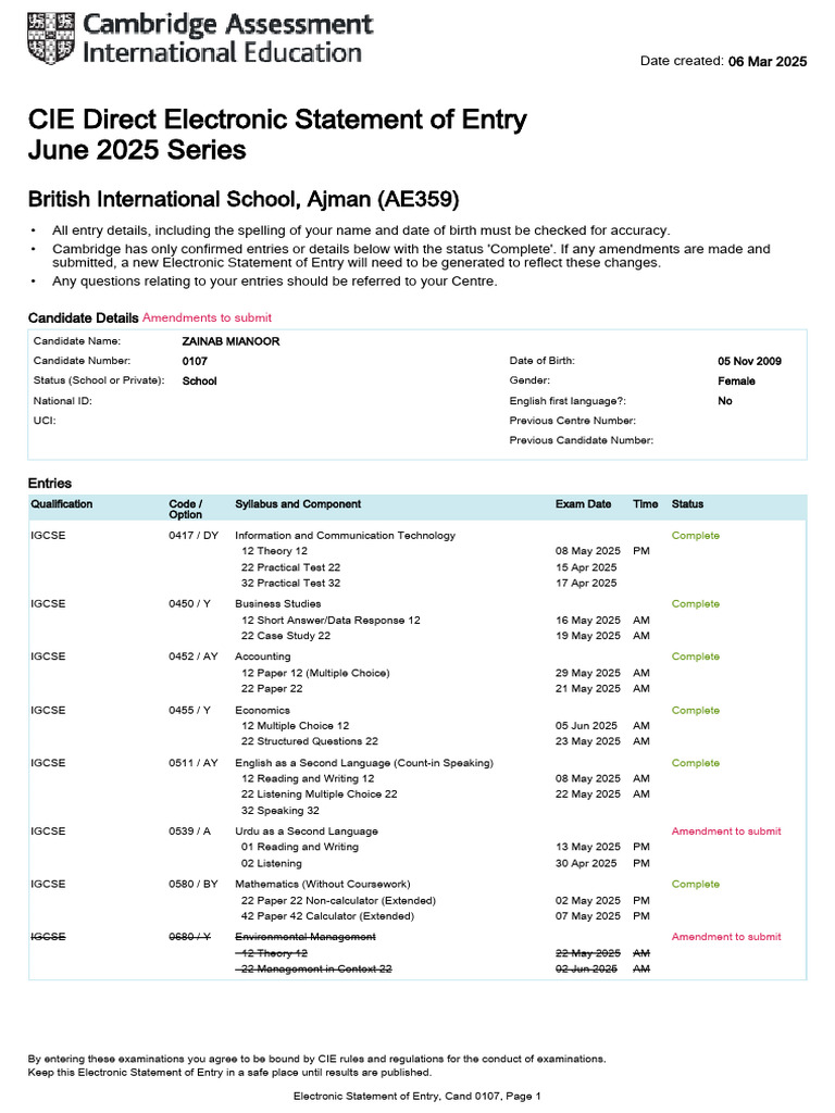 IGCSE Electronic Statement of Entry 2025 | PDF | Qualifications