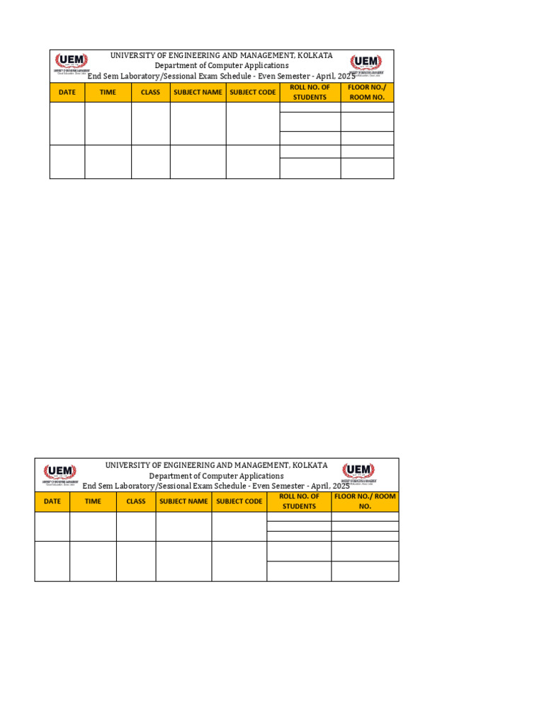 UEM Kolkata MCA Exam Schedule April 2025 | PDF